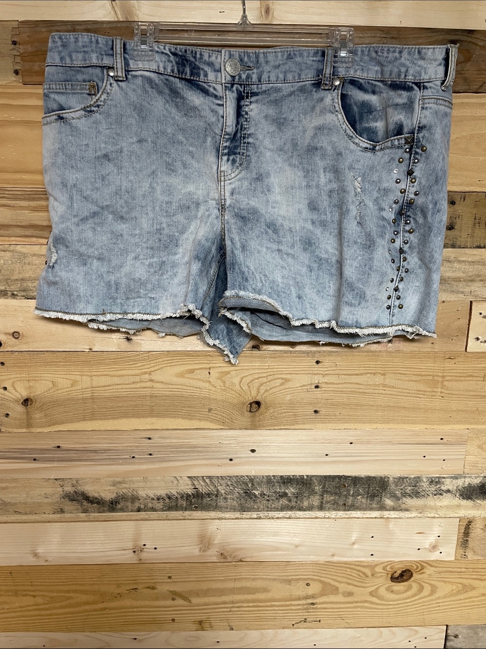 Maurices size 24 Light Blue Distressed Jean Short with Stud and Gem Detail Sides